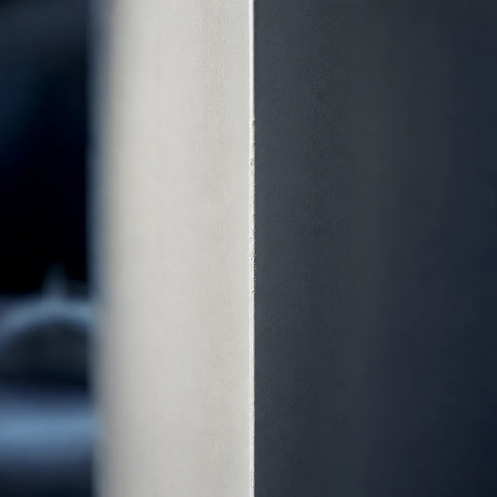 A finished drywall corner with metal corner bead sanded to a straight arris