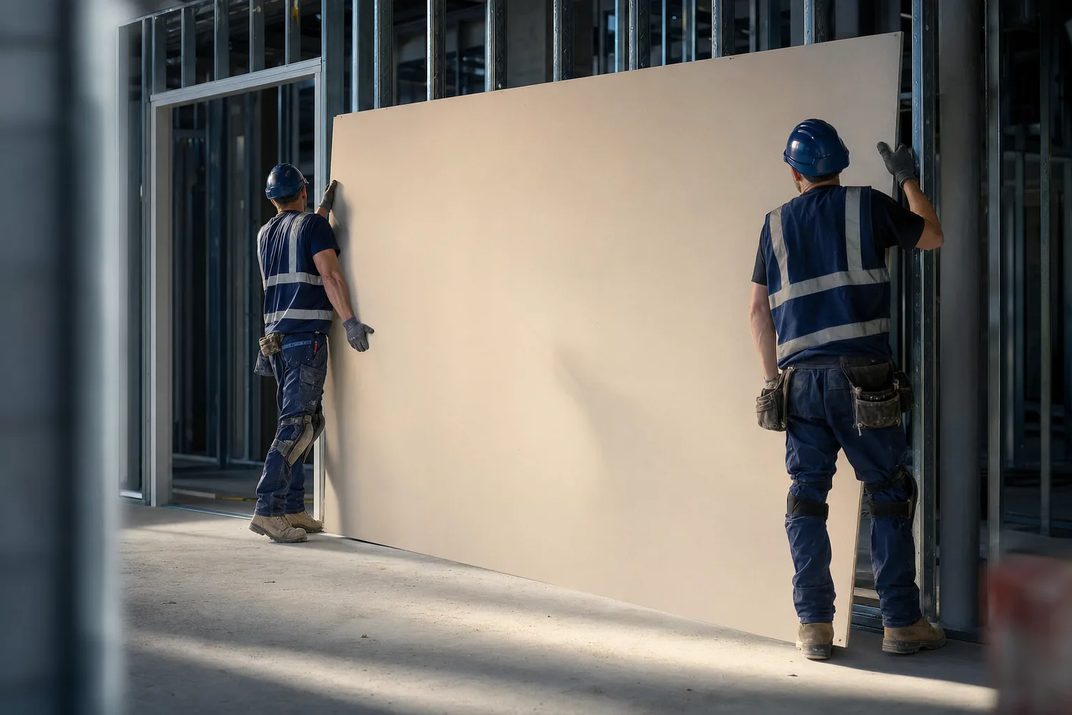 A 902 Drywall crew lifting a sheet of gypsum board into position on a commercial jobsite