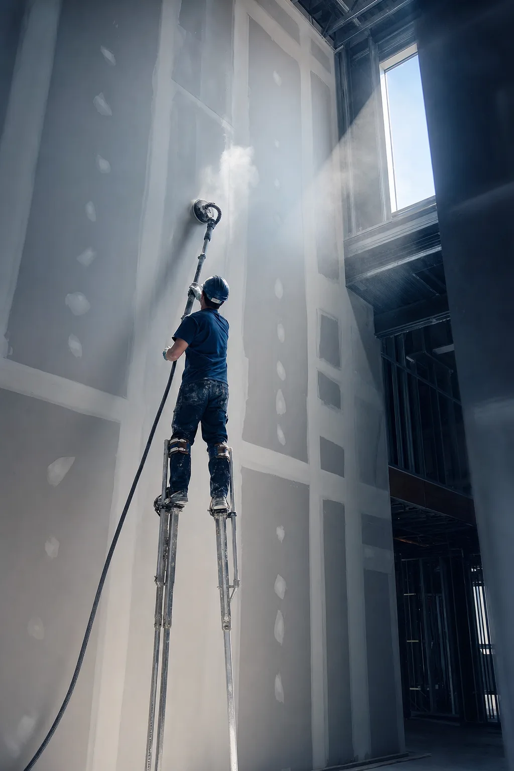 A drywall finisher on stilts pole-sanding a joint on a tall interior wall